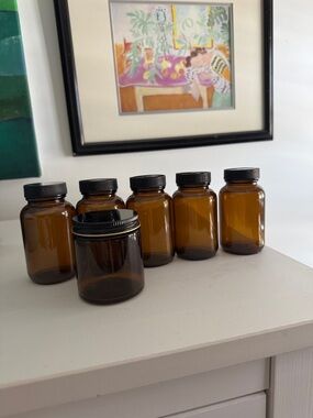 Bundle 6 Amber Glass Apothecary Pharmacy  Jars with Black Lids